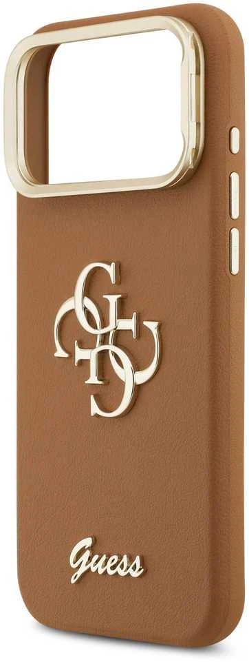 Guess PU Grained 4G Logo Stand Camera Frame dėklas skirtas Apple iPhone 17 Pro Max rudos spalvos
