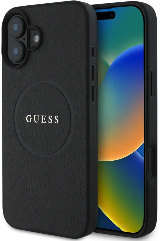 Guess GUHMP16SPGHSMMK Apple iPhone 16 6.1″ juodos spalvos kietas dėklas Grained Gold Ring MagSafe