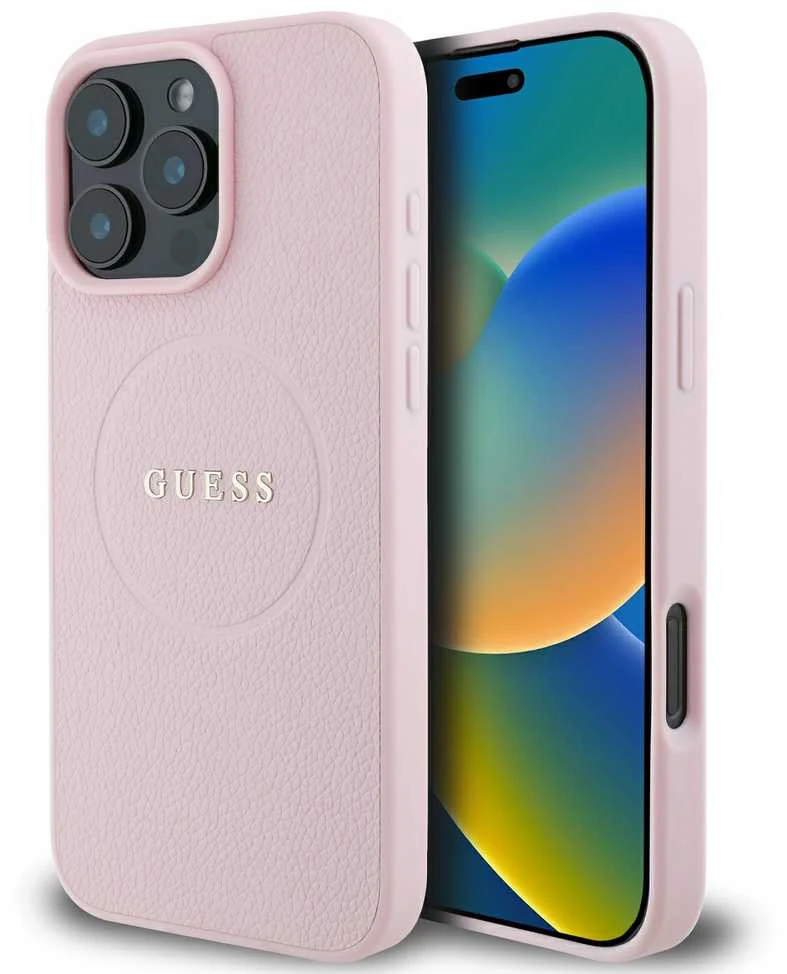 Guess GUHMP16LPGHSMMP Apple iPhone 16 Pro 6.3″ rožinės spalvos kietas dėklas Grained Ring MagSafe