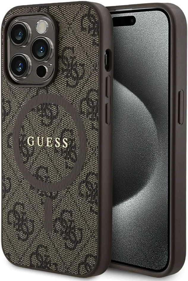 Guess GUHMP14LG4GFRW Apple iPhone 14 Pro 6.1" rudos spalvos dėklas 4G Collection Leather Metal Logo MagSa