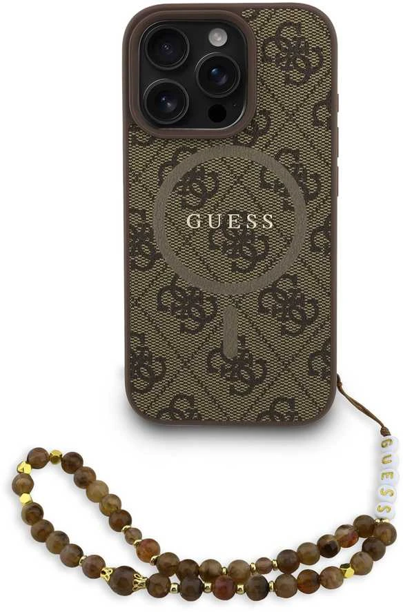 Guess PU Leather 4G Colored Ring Strap MagSafe dėklas skirtas Apple iPhone 16 Pro Max rudos spalvos