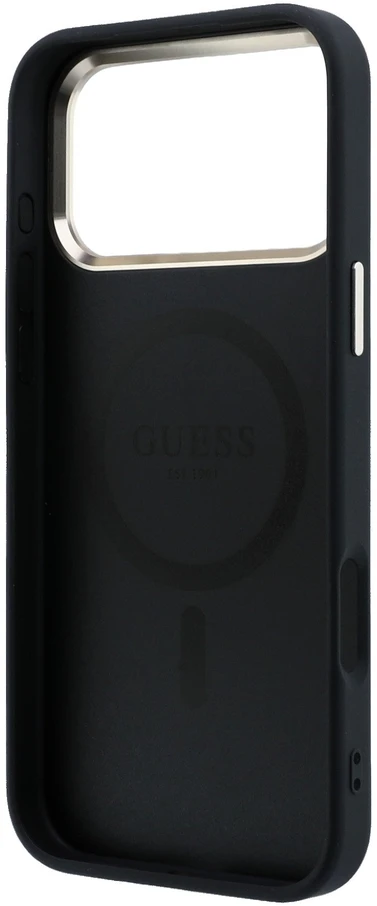 Guess PU odos 4G auksinio rėmelio „MagSafe“ dėklas, skirtas „iPhone 18 Pro“, juodas