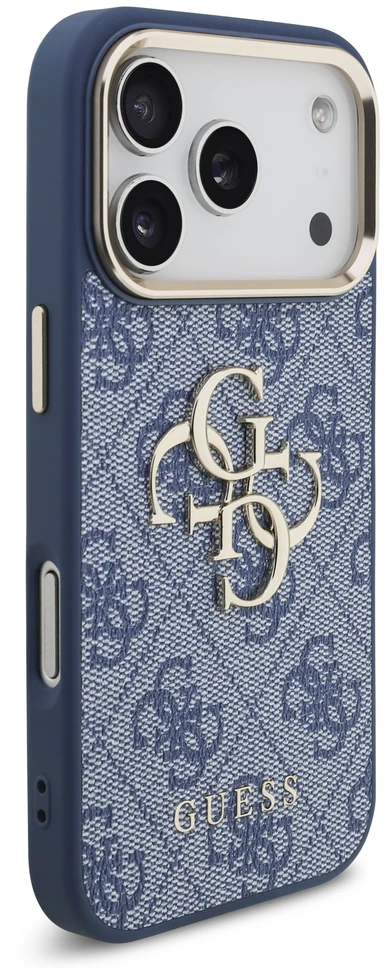 Dėklas Guess PU Leather 4G Metal Logo Gold Frame Case for iPhone 18 Pro Mėlyna