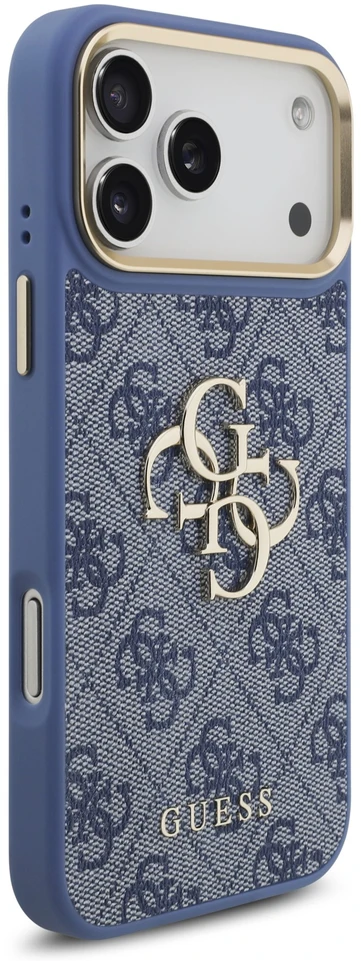Dėklas Guess PU Leather 4G Metal Logo Gold Frame Case for iPhone 18 Pro Max Mėlyna