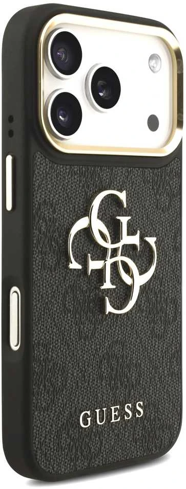 Guess PU Leather 4G Metal Logo Gold Frame dėklas skirtas Apple iPhone 17 Pro juodos spalvos
