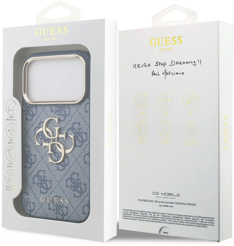 Dėklas Guess PU Leather 4G Metal Logo Gold Frame Case for iPhone 18 Pro Mėlyna