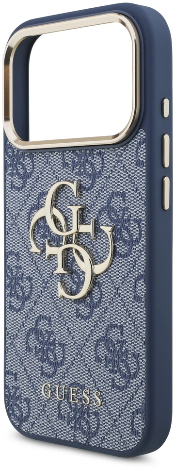 Dėklas Guess PU Leather 4G Metal Logo Gold Frame Case for iPhone 18 Pro Mėlyna
