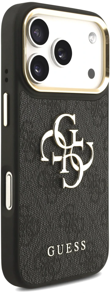 Dėklas Guess PU odos 4G metalinio logotipo auksinis rėmelis iPhone 18 Pro telefonui, juodas