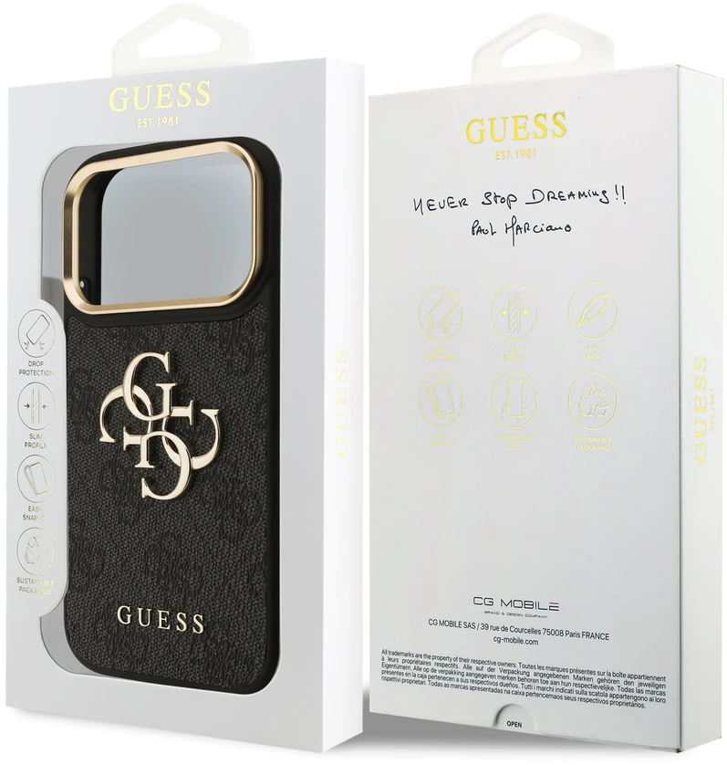 Dėklas Guess PU odos 4G metalinio logotipo auksinis rėmelis iPhone 18 Pro telefonui, juodas