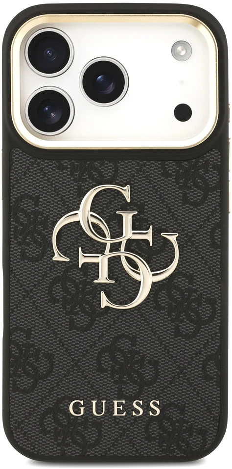 Dėklas Guess PU odos 4G metalinio logotipo auksinis rėmelis iPhone 18 Pro telefonui, juodas