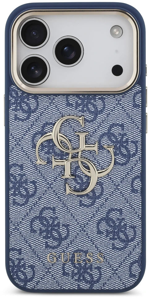 Dėklas Guess PU Leather 4G Metal Logo Gold Frame Case for iPhone 18 Pro Mėlyna