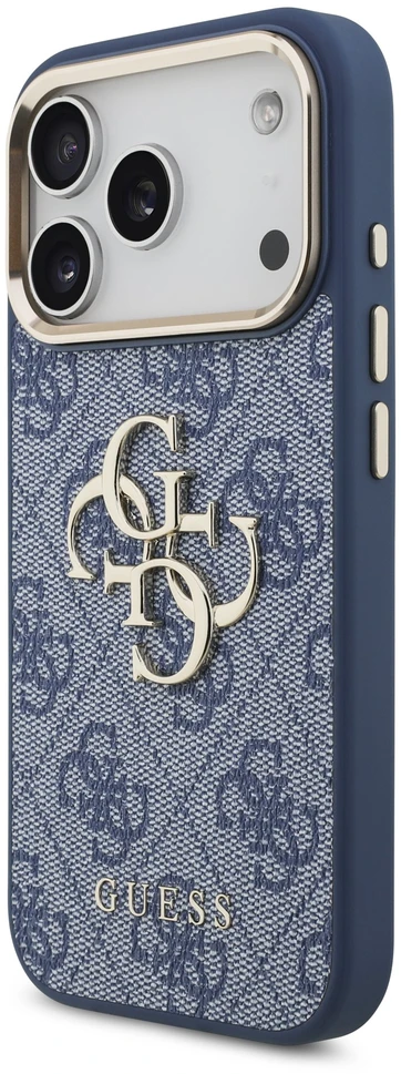 Dėklas Guess PU Leather 4G Metal Logo Gold Frame Case for iPhone 18 Pro Mėlyna