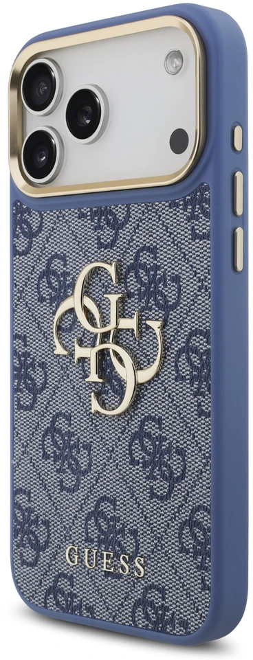 Dėklas Guess PU Leather 4G Metal Logo Gold Frame Case for iPhone 18 Pro Max Mėlyna