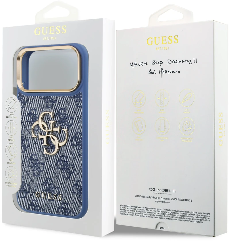 Dėklas Guess PU Leather 4G Metal Logo Gold Frame Case for iPhone 18 Pro Max Mėlyna