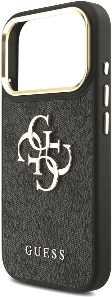 Dėklas Guess PU odos 4G metalinio logotipo auksinis rėmelis iPhone 18 Pro telefonui, juodas