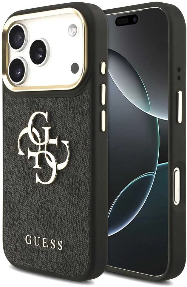 Guess PU Leather 4G Metal Logo Gold Frame dėklas skirtas Apple iPhone 17 Pro juodos spalvos