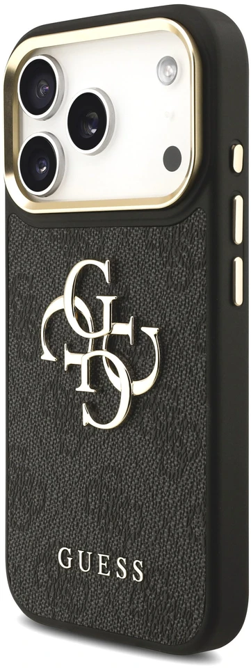 Dėklas Guess PU odos 4G metalinio logotipo auksinis rėmelis iPhone 18 Pro telefonui, juodas