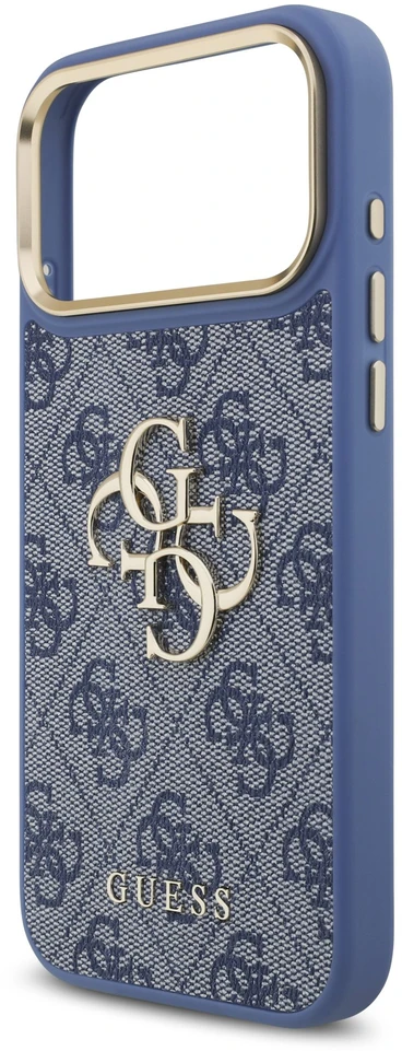 Dėklas Guess PU Leather 4G Metal Logo Gold Frame Case for iPhone 18 Pro Max Mėlyna
