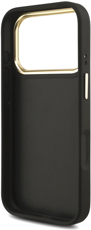 Dėklas Guess PU odos 4G metalinio logotipo auksinis rėmelis iPhone 18 Pro telefonui, juodas