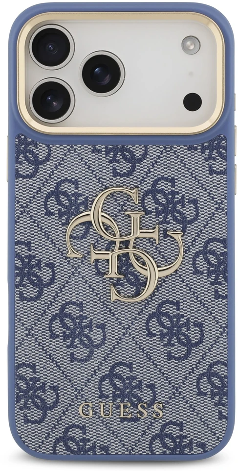 Dėklas Guess PU Leather 4G Metal Logo Gold Frame Case for iPhone 18 Pro Max Mėlyna