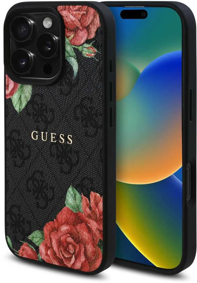 Guess GUHMP16XP4ROPEMCK Apple iPhone 16 Pro Max 6.9″ juodos spalvos kietas dėklas 4G Flowers Print MagSafe