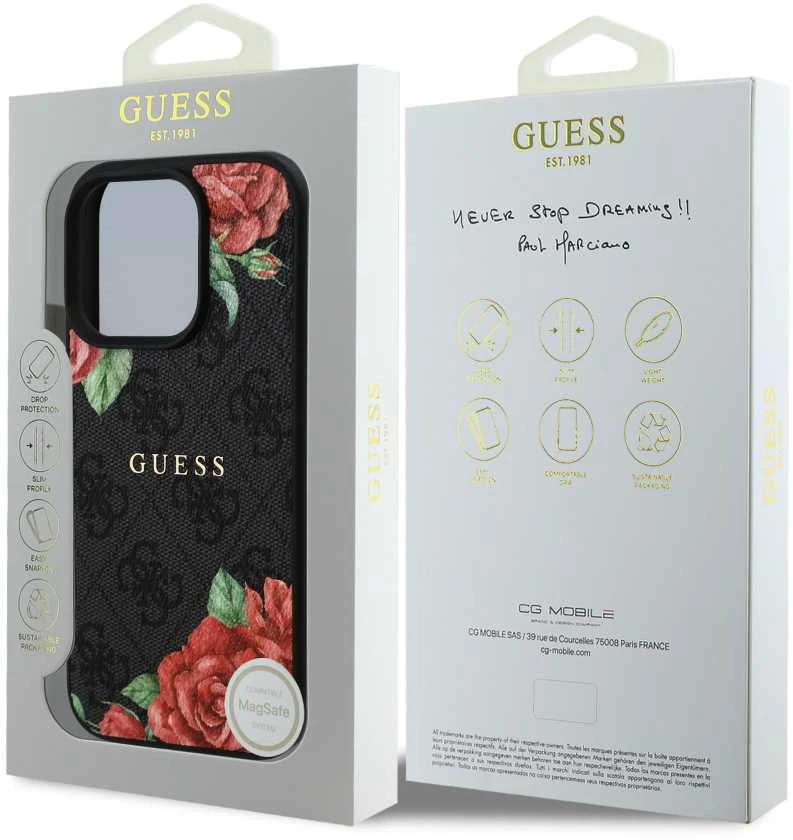 Guess GUHMP16LP4ROPEMCK Apple iPhone 16 Pro 6.3″ dėklas telefonui juodos spalvos 4G Flowers Print MagSafe