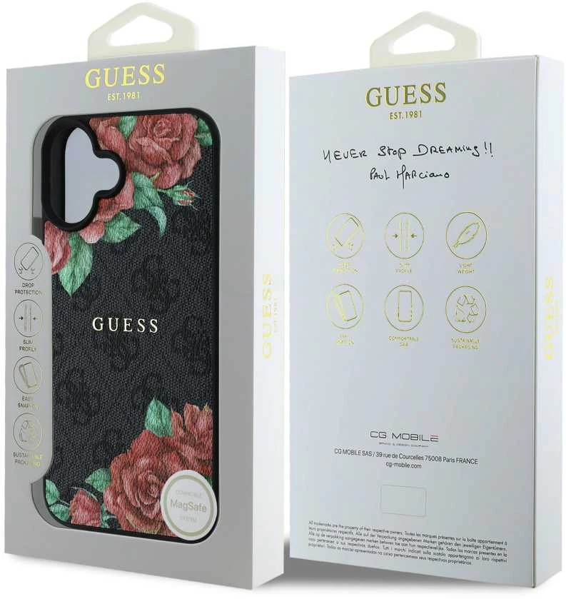 Guess GUHMP16SP4ROPEMCK Apple iPhone 16 6.1″ juodos spalvos kietas dėklas 4G Flowers Print MagSafe