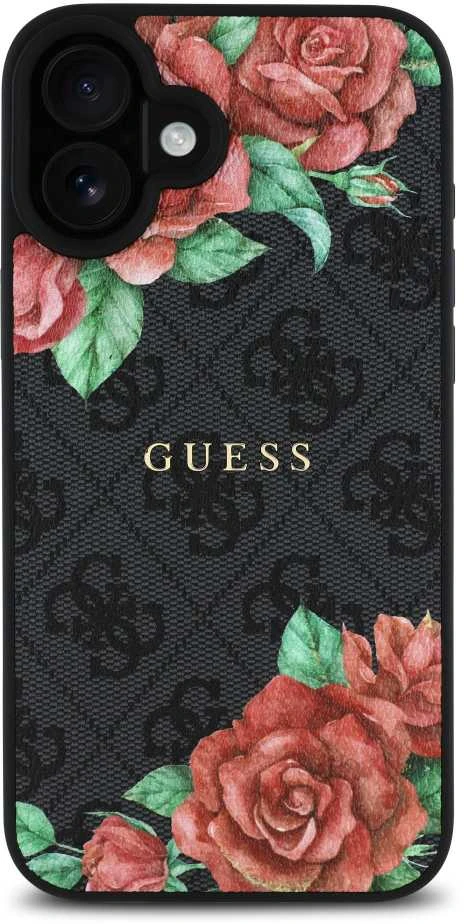 Guess GUHMP16SP4ROPEMCK Apple iPhone 16 6.1″ juodos spalvos kietas dėklas 4G Flowers Print MagSafe