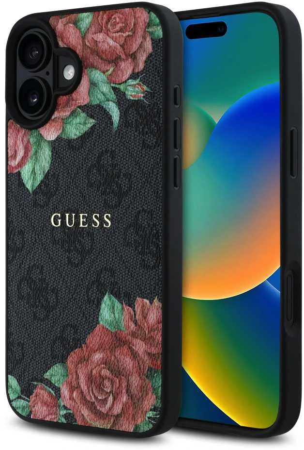 Guess GUHMP16SP4ROPEMCK Apple iPhone 16 6.1″ juodos spalvos kietas dėklas 4G Flowers Print MagSafe