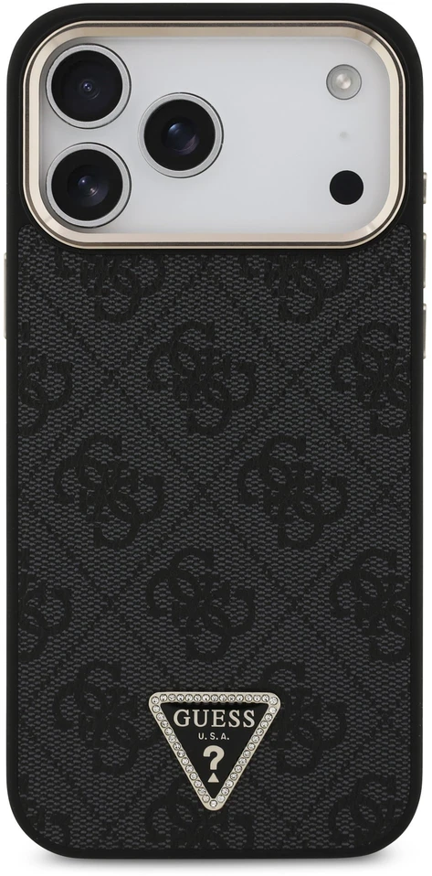 „Guess“ PU odos 4G strassinis trikampio logotipas su auksiniu rėmeliu, „MagSafe“ dėklas, skirtas „iPhone 18 Pro Max“, juodas