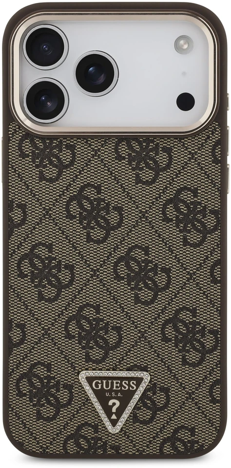 Guess PU odos 4G Strass trikampio logotipo auksinio rėmelio „MagSafe“ dėklas, skirtas „iPhone 18 Pro Max“, rudas