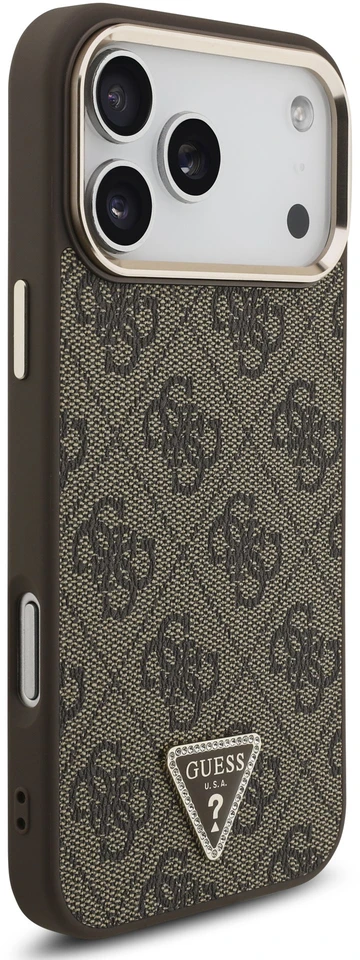 Guess PU odos 4G Strass trikampio logotipo auksinio rėmelio „MagSafe“ dėklas, skirtas „iPhone 18 Pro Max“, rudas