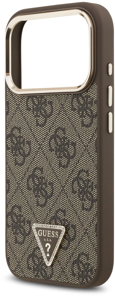 Dėklas Guess PU Leather 4G Strass Triangle Logo Gold Frame MagSafe Case for iPhone 18 Pro Brown