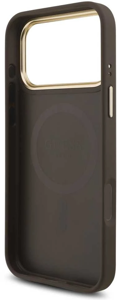 Guess PU Leather 4G Strass Triangle Logo Gold Frame MagSafe dėklas skirtas Apple iPhone 17 Pro Max rudos spalvos