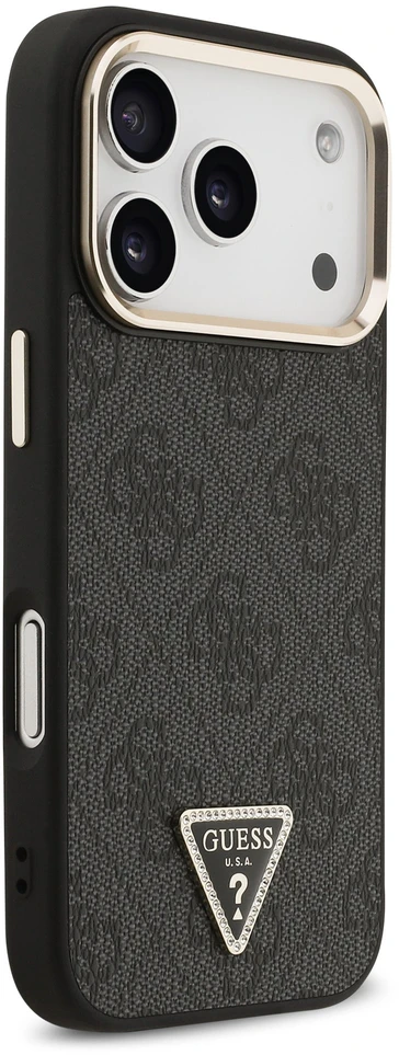 Dėklas Guess PU Leather 4G Strass Triangle Logo Gold Frame MagSafe Case for iPhone 18 Pro Juodas