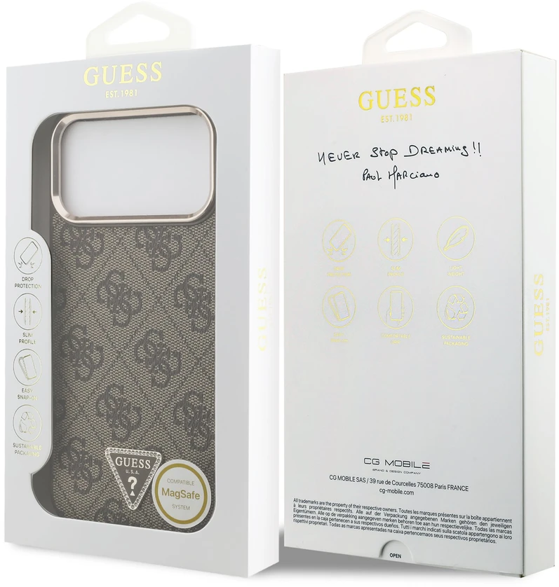 Guess PU odos 4G Strass trikampio logotipo auksinio rėmelio „MagSafe“ dėklas, skirtas „iPhone 18 Pro Max“, rudas