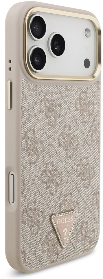 „Guess“ PU odos 4G strass trikampio logotipo auksinio rėmelio „MagSafe“ dėklas, skirtas „iPhone 18 Pro Max“, rožinis