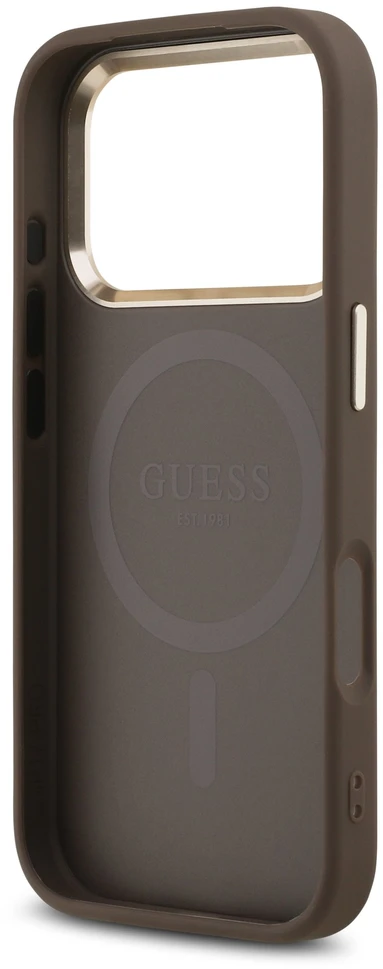 Dėklas Guess PU Leather 4G Strass Triangle Logo Gold Frame MagSafe Case for iPhone 18 Pro Brown
