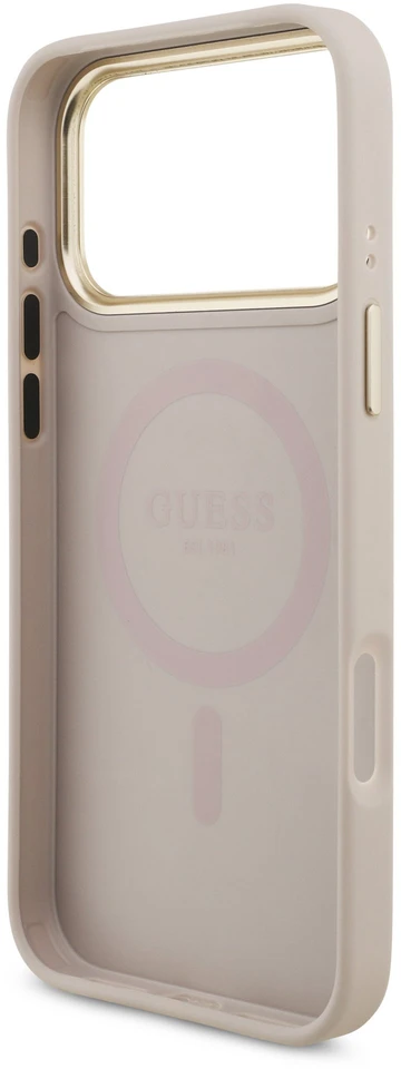 „Guess“ PU odos 4G strass trikampio logotipo auksinio rėmelio „MagSafe“ dėklas, skirtas „iPhone 18 Pro Max“, rožinis