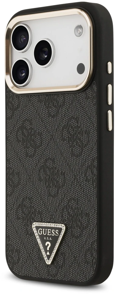 Dėklas Guess PU Leather 4G Strass Triangle Logo Gold Frame MagSafe Case for iPhone 18 Pro Juodas