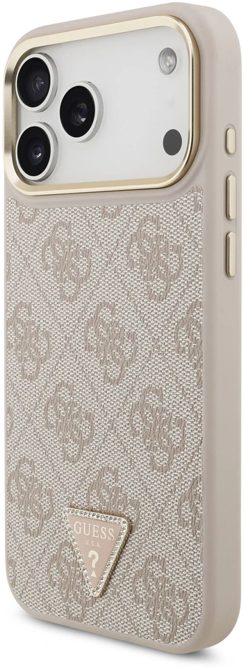 „Guess“ PU odos 4G strass trikampio logotipo auksinio rėmelio „MagSafe“ dėklas, skirtas „iPhone 18 Pro Max“, rožinis