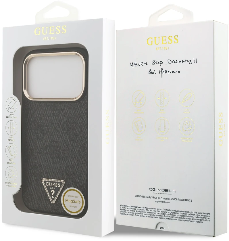 Dėklas Guess PU Leather 4G Strass Triangle Logo Gold Frame MagSafe Case for iPhone 18 Pro Juodas