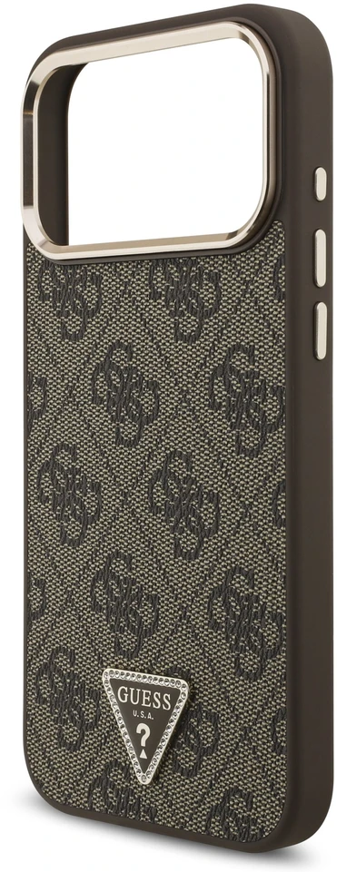 Guess PU odos 4G Strass trikampio logotipo auksinio rėmelio „MagSafe“ dėklas, skirtas „iPhone 18 Pro Max“, rudas