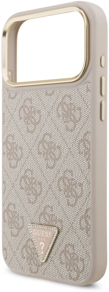 „Guess“ PU odos 4G strass trikampio logotipo auksinio rėmelio „MagSafe“ dėklas, skirtas „iPhone 18 Pro Max“, rožinis