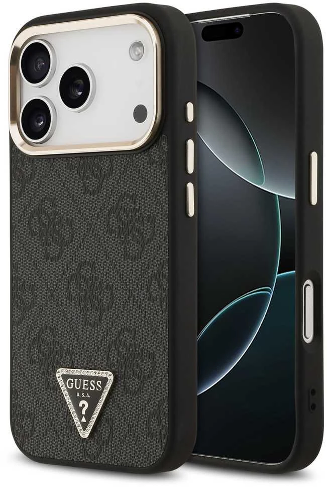 Guess PU Leather 4G Strass Triangle Logo Gold Frame MagSafe dėklas skirtas Apple iPhone 17 Pro juodos spalvos