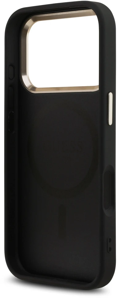 Dėklas Guess PU Leather 4G Strass Triangle Logo Gold Frame MagSafe Case for iPhone 18 Pro Juodas
