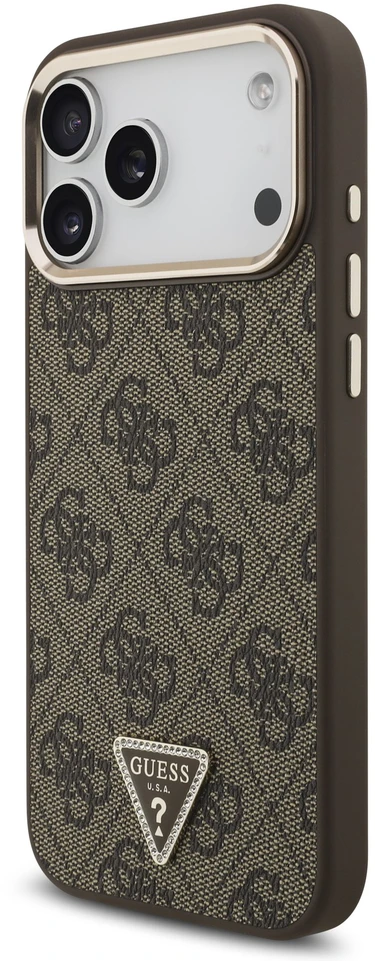 Guess PU odos 4G Strass trikampio logotipo auksinio rėmelio „MagSafe“ dėklas, skirtas „iPhone 18 Pro Max“, rudas