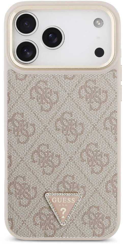 „Guess“ PU odos 4G strass trikampio logotipo auksinio rėmelio „MagSafe“ dėklas, skirtas „iPhone 18 Pro Max“, rožinis