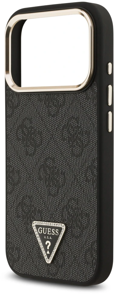 Dėklas Guess PU Leather 4G Strass Triangle Logo Gold Frame MagSafe Case for iPhone 18 Pro Juodas