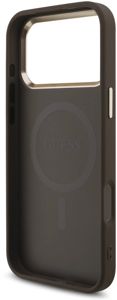 Guess PU odos 4G Strass trikampio logotipo auksinio rėmelio „MagSafe“ dėklas, skirtas „iPhone 18 Pro Max“, rudas